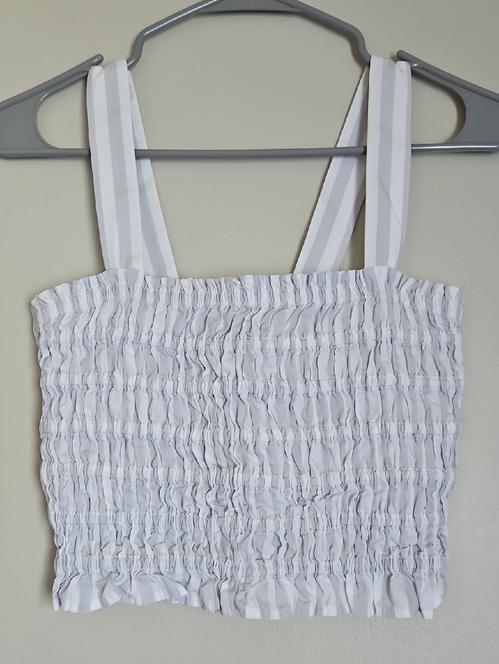 J. Crew White Smocked Crop Top with Striped Shoulder Straps